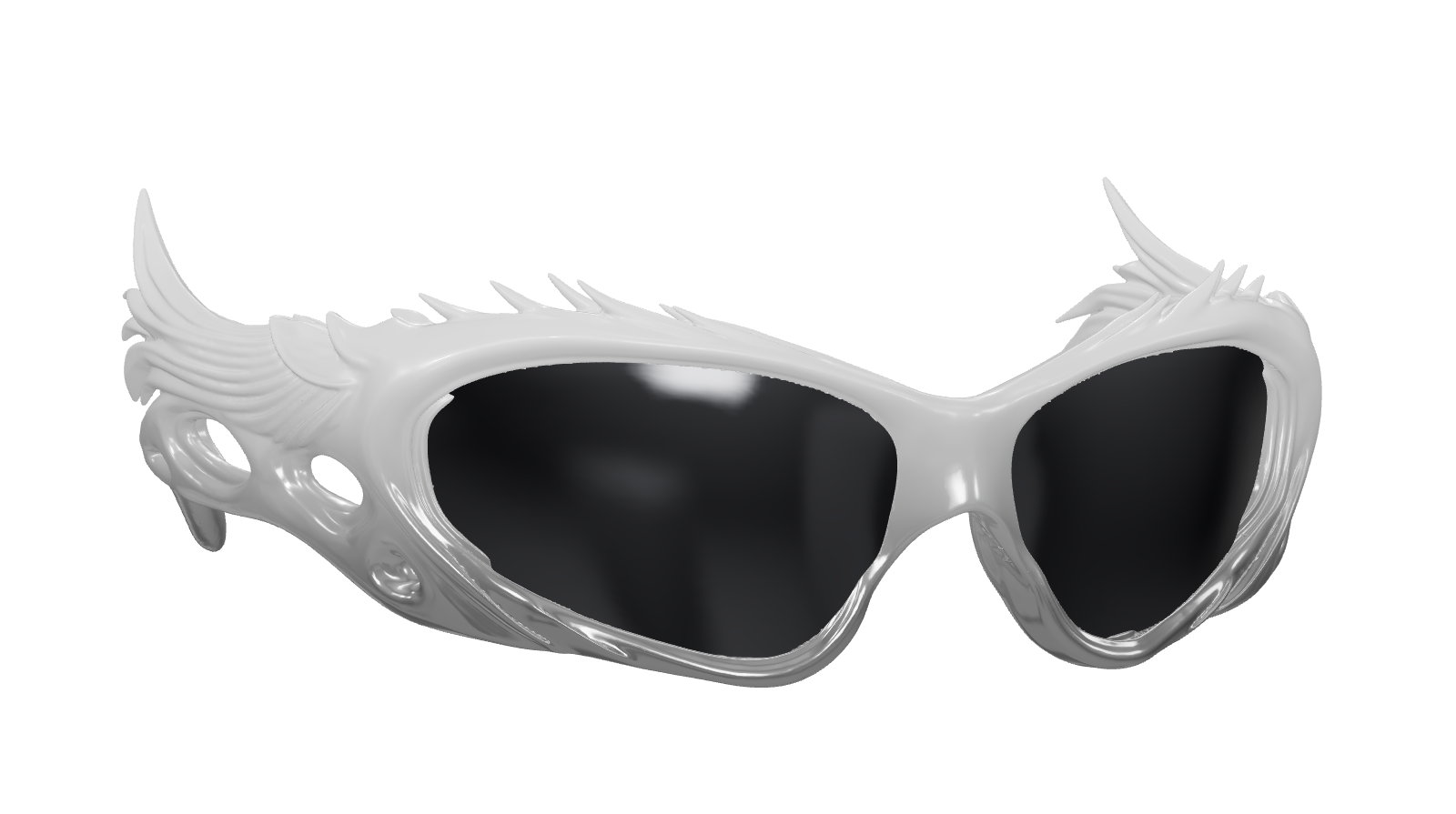 OG Dove Sunglasses: a frame with carved feather wings and tinted lenses, in Mercury, Phoenix or Noir.
